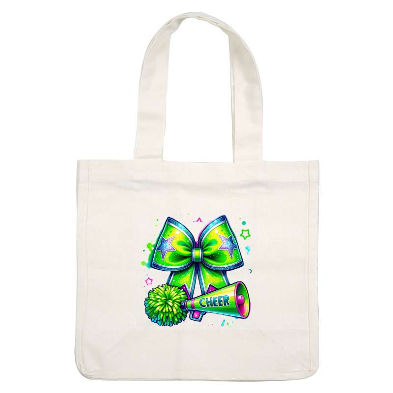 Un lazo de porristas verde vibrante con estrellas y un megáfono a juego que dice "CHEER", acompañado de un pompón esponjoso. Transferencias DTF