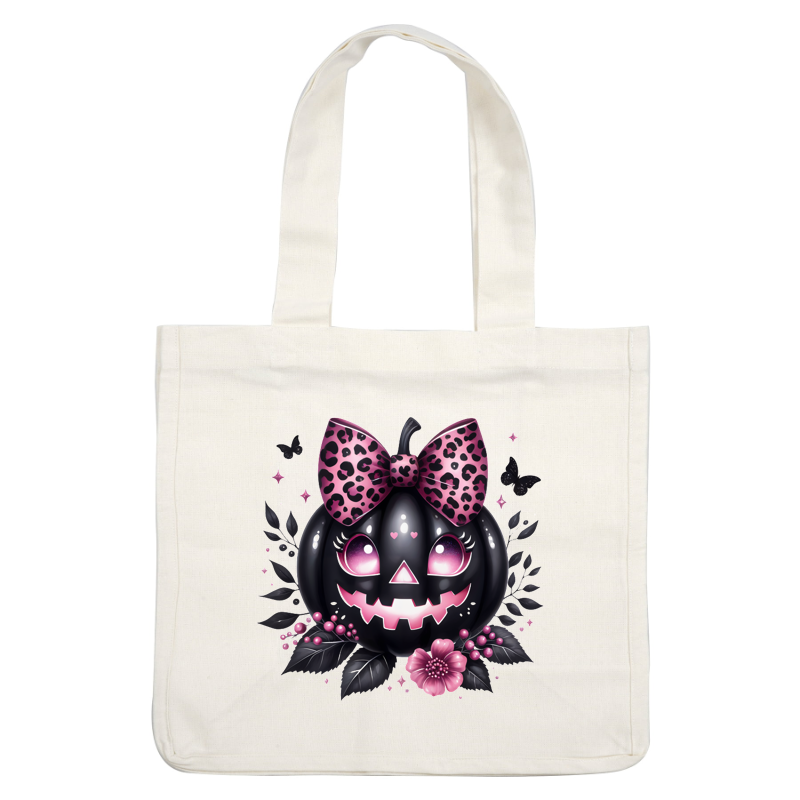 A playful black pumpkin with a leopard print bow, featured with cute eyes and surrounded by pink flowers and leaves. heat press transfers