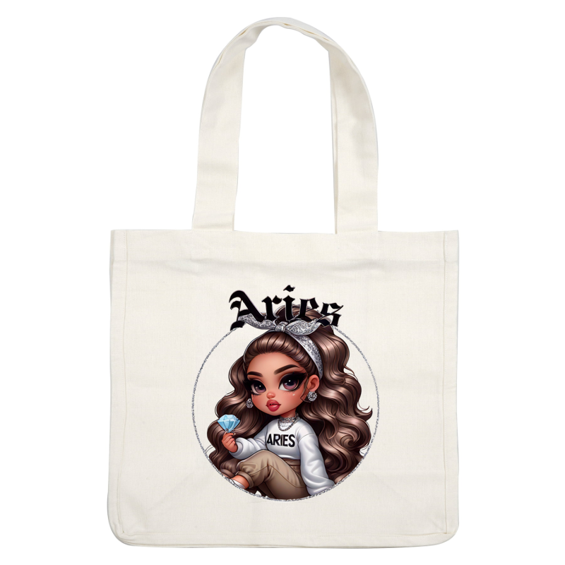 A stylish cartoon character representing Aries, featuring luxurious brown hair, oversized earrings, and a trendy outfit holding a blue diamond.dtf regular iron