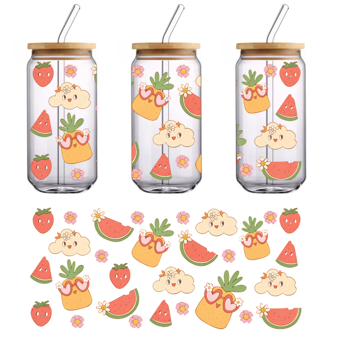 A vibrant and cute pattern featuring smiling fruits like pineapples with heart-shaped glasses, strawberries, watermelons, and cheerful clouds.UV Transfers dtf transfers