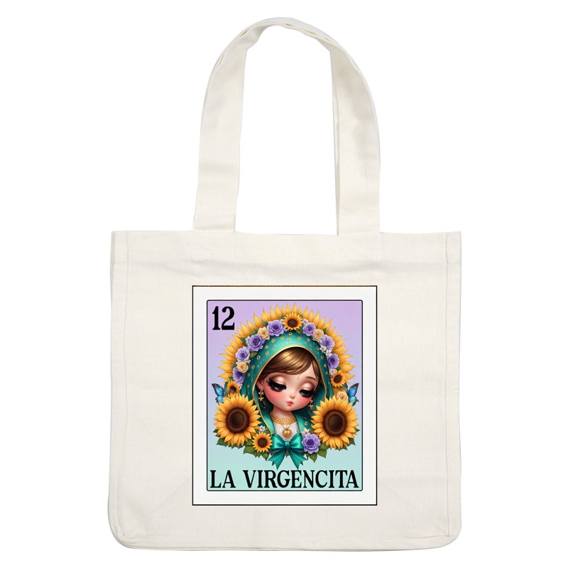 Una colorida ilustración de "La Virgencita" que presenta a una niña adornada con girasoles y flores en su pañuelo en la cabeza.