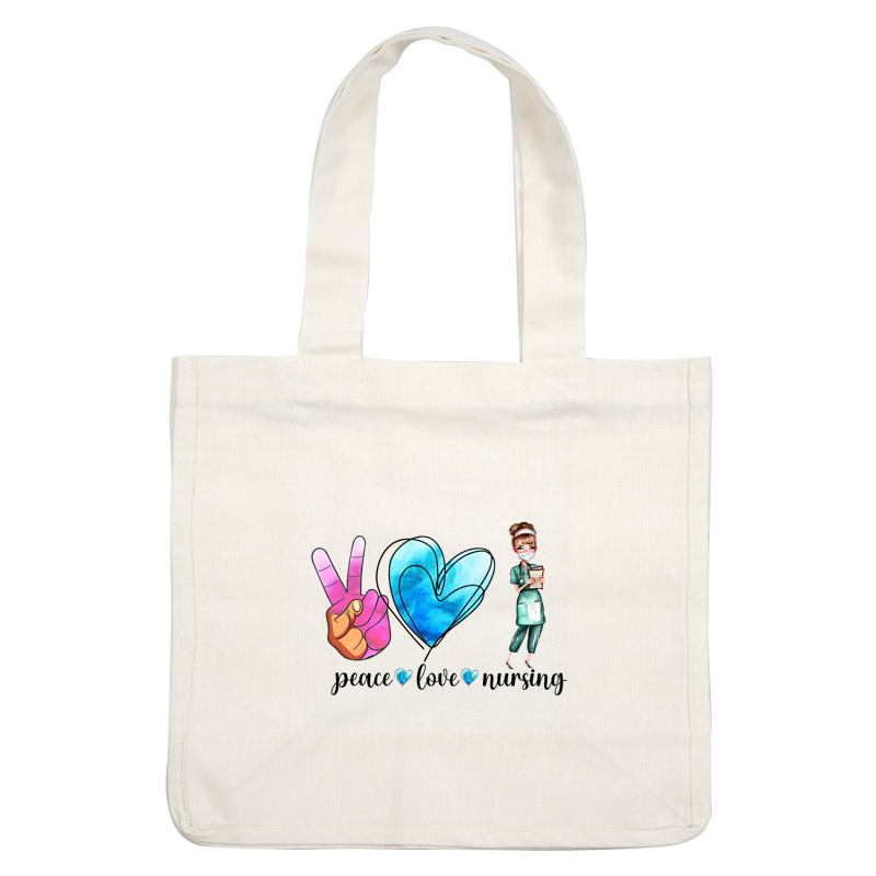 A colorful illustration featuring a peace sign, a blue heart, and a nurse holding notes, symbolizing care and positivity.DTF Transfers