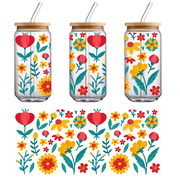 A vibrant floral pattern featuring a variety of red, yellow, and blue flowers with lush green leaves, perfect for design projects.UV Transfers dtf prints