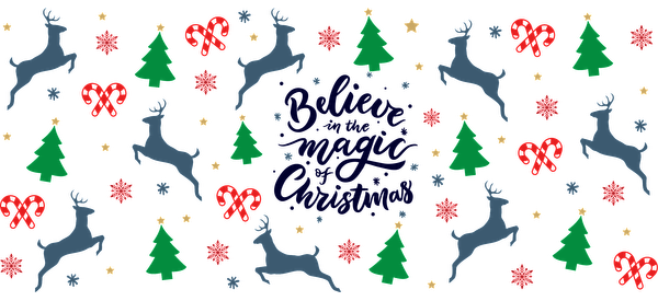 Un patrón festivo que presenta renos, árboles de Navidad, corazones y copos de nieve en colores vibrantes con la frase "Believe in Magic". Transferencias UV