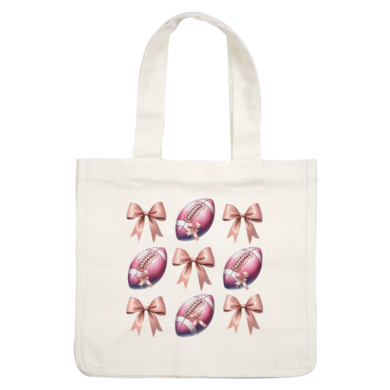 Una divertida cuadrícula de balones de fútbol rosas y lazos a juego, perfecta para darle un toque femenino a una decoración con temática deportiva. Transferencias DTF