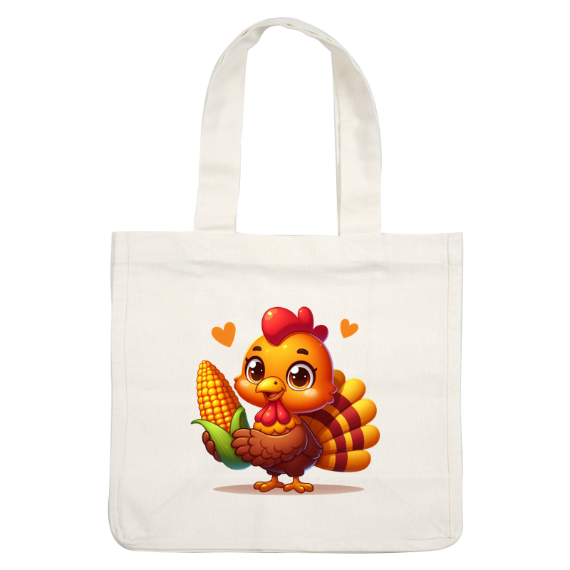 A cheerful, cartoon-style turkey holds a bright ear of corn, surrounded by playful hearts, showcasing a fun harvest theme. dtf prints