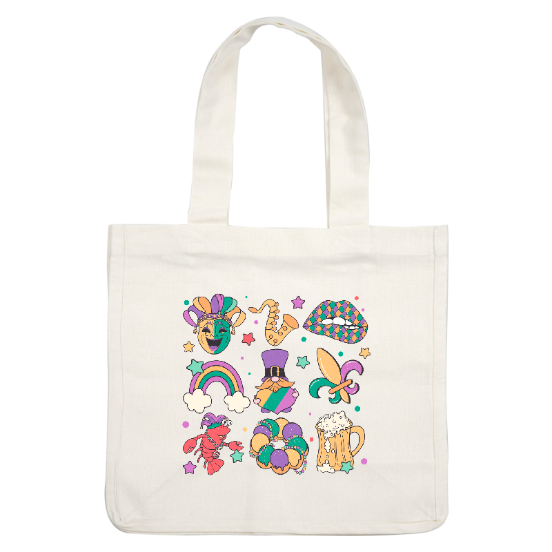 A vibrant collage featuring festive Mardi Gras elements like masks, saxophones, rainbows, a jester, and celebratory treats.DTF Transfers