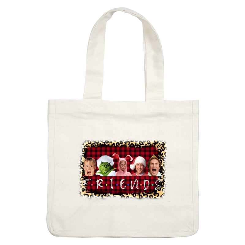 A playful design featuring five characters wearing festive costumes with the classic "F.R.I.E.N.D.S" logo on a plaid background.DTF Transfers dtf prints