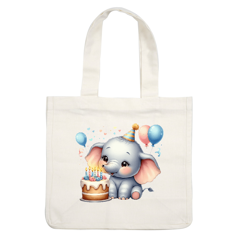 Celebrate with this adorable cartoon elephant, wearing a festive hat next to a birthday cake with colorful candles and balloons!DTF Transfers