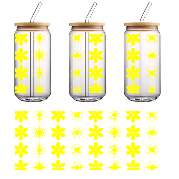 Yellow flowers on a green backdrop with distinctive petals.UV Transfers
