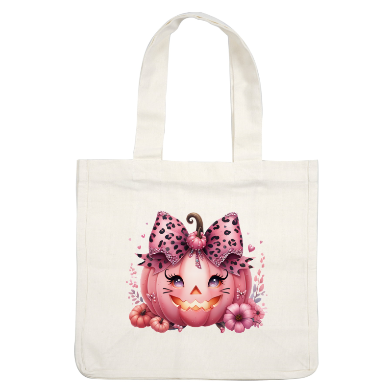 This whimsical pink pumpkin features a cheerful face, adorned with a leopard-print bow and surrounded by cute flowers and small pumpkins.