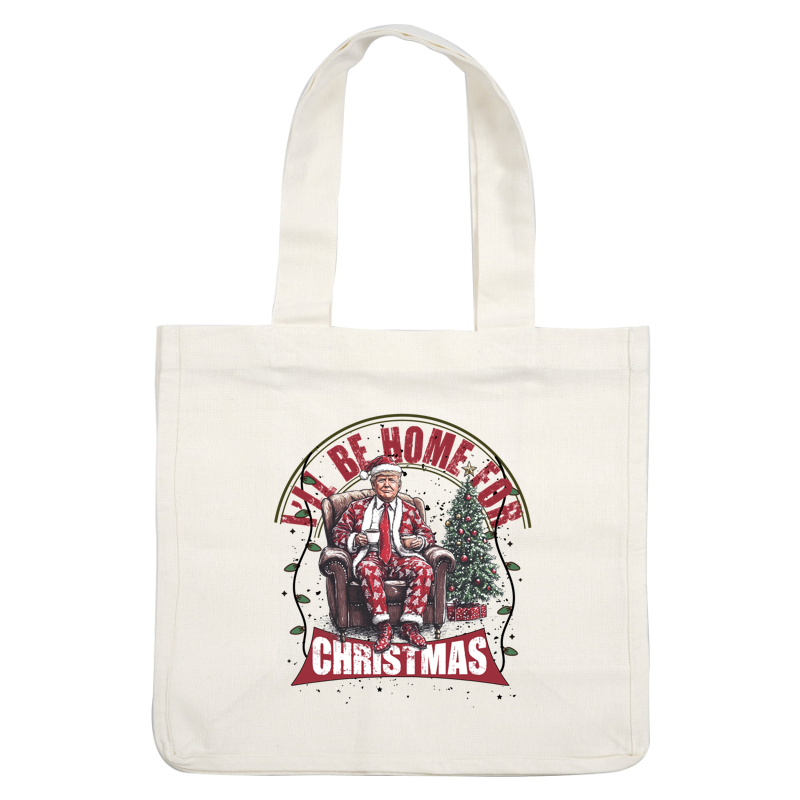 This festive design features a cozy figure in a Christmas-themed suit, enjoying a drink by a decorated tree.DTF Transfersdtf regular iron