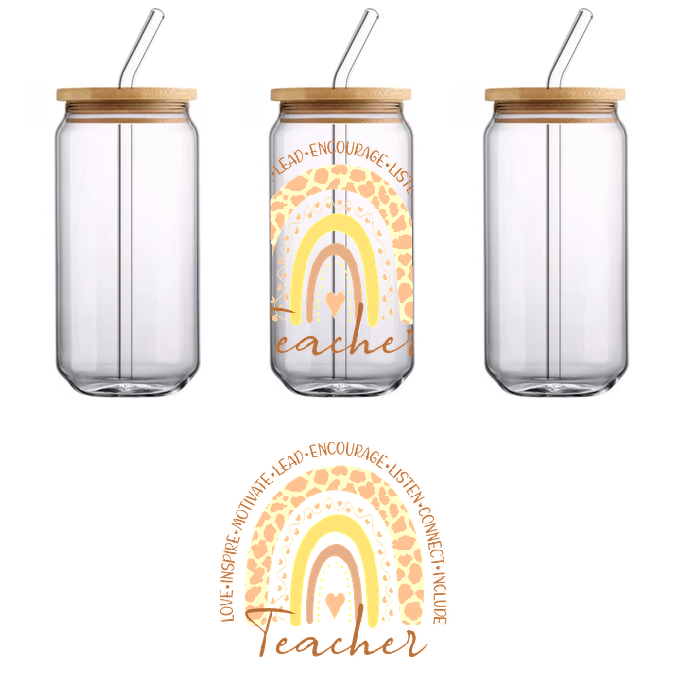 Multicolored rainbow graphic tee featuring the word "Teacher".UV Transfers