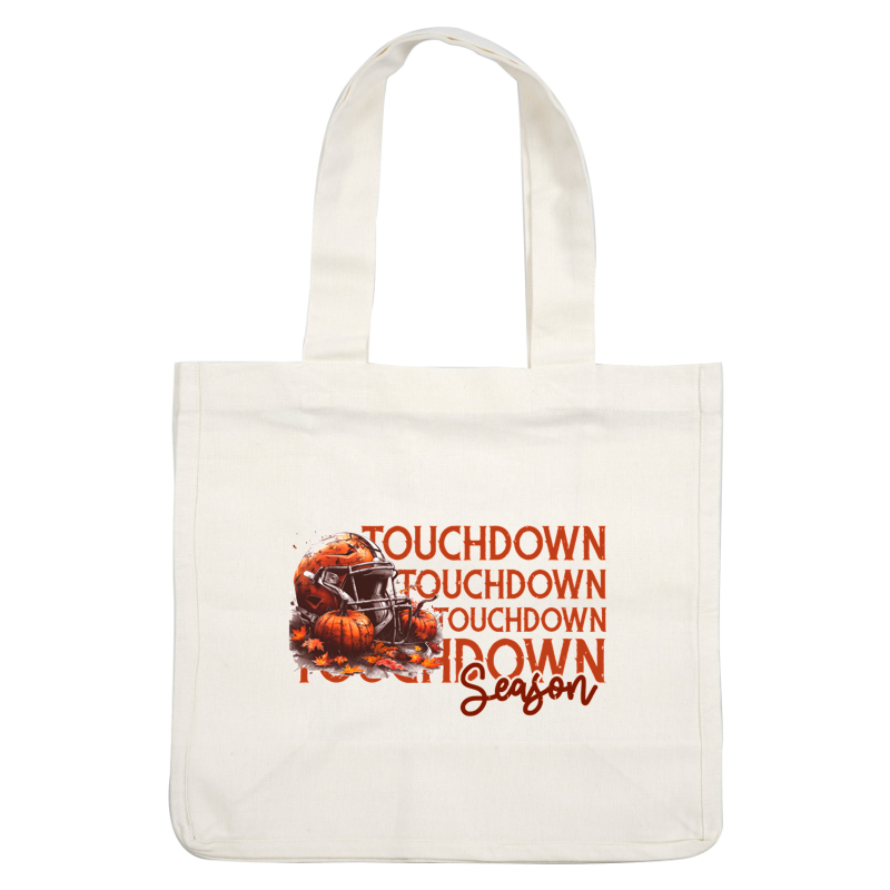 Celebre el fútbol de otoño con este diseño vibrante que presenta un casco de fútbol, calabazas y la frase "Touchdown Season".