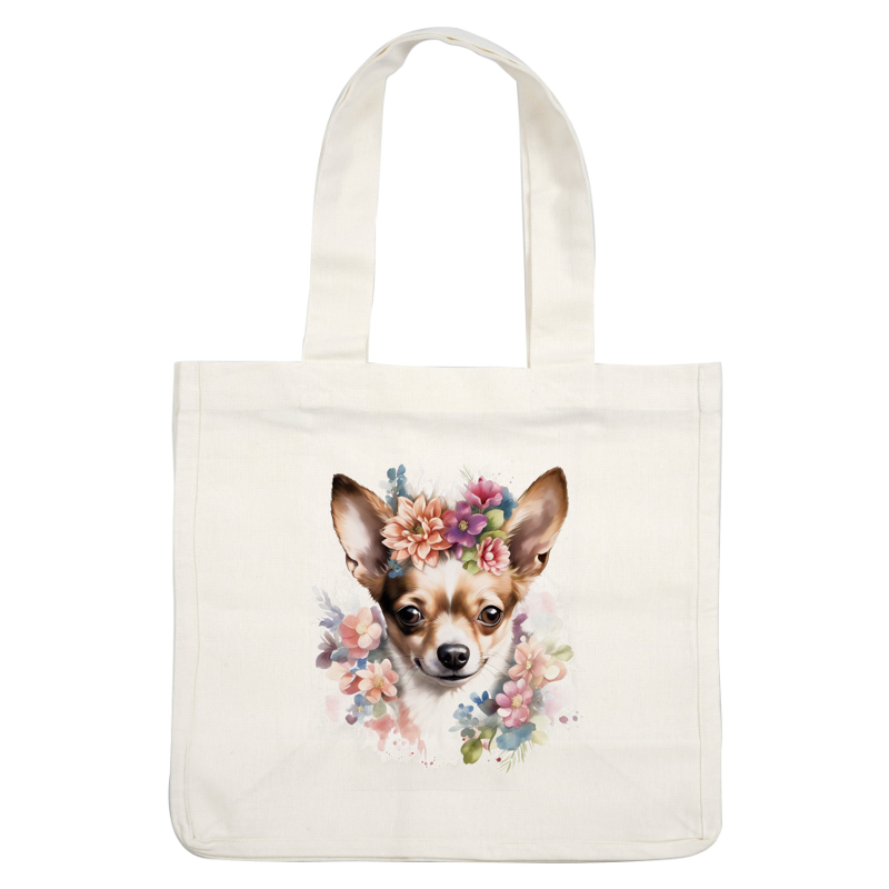 A cute Chihuahua adorned with a vibrant floral crown, showcasing a playful smile surrounded by colorful flowers.dtf regular iron