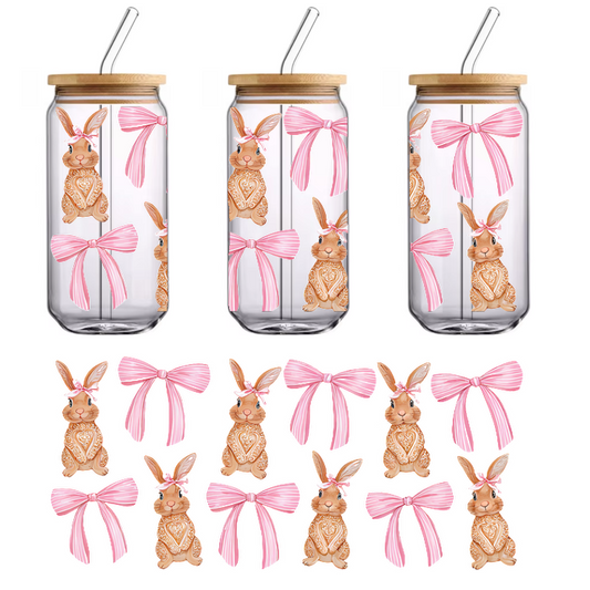 A charming collection of decorative bunny cookies adorned with pink bows and intricate icing designs, perfect for festive occasions.UV Transfers dtf prints