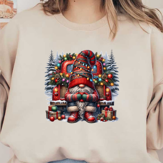 A cozy Christmas gnome in festive attire sits on a vintage truck, surrounded by colorful decorations, presents, and snowy trees.DTF Transfersdtf regular iron