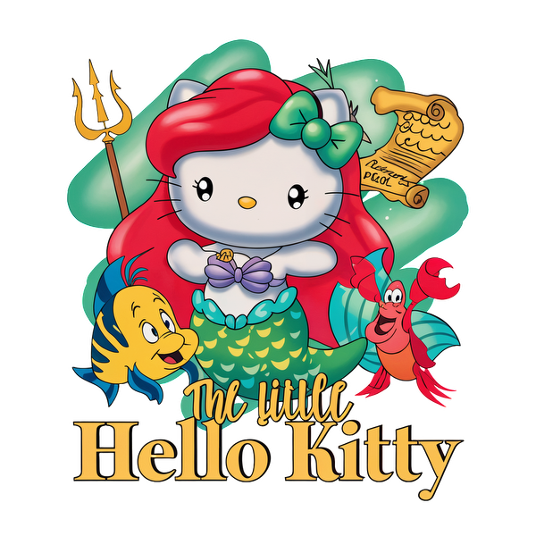 A whimsical blend of Hello Kitty as a mermaid, featuring Ariel’s iconic red hair and her friends Flounder and Sebastian.DTF Transfers heat press transfers