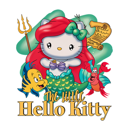 A whimsical blend of Hello Kitty as a mermaid, featuring Ariel’s iconic red hair and her friends Flounder and Sebastian.DTF Transfers heat press transfers