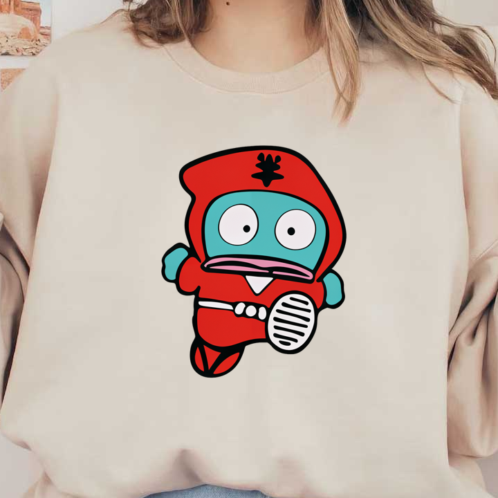 A vibrant cartoon character in a red ninja outfit, featuring a blue face and large expressive eyes, holding a microphone.DTF Transfers heat press transfers