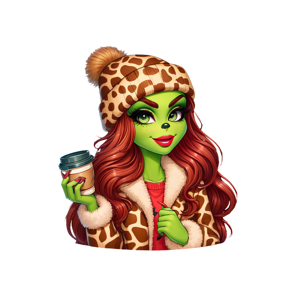 A stylish character with green skin, wearing a cozy giraffe-patterned hat and furry coat, holding a coffee cup.DTF Transfers dtf prints