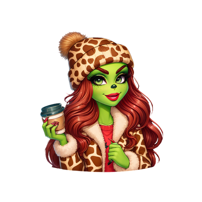 A stylish character with green skin, wearing a cozy giraffe-patterned hat and furry coat, holding a coffee cup.DTF Transfers dtf prints