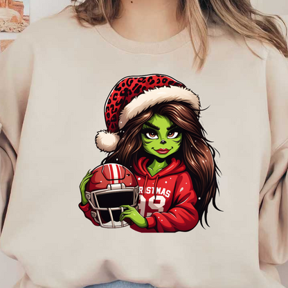 A festive green character in a Santa hat and red "Christmas 82" hoodie holds a football helmet, combining holiday cheer with sporty flair.DTF Transfers heat press transfers