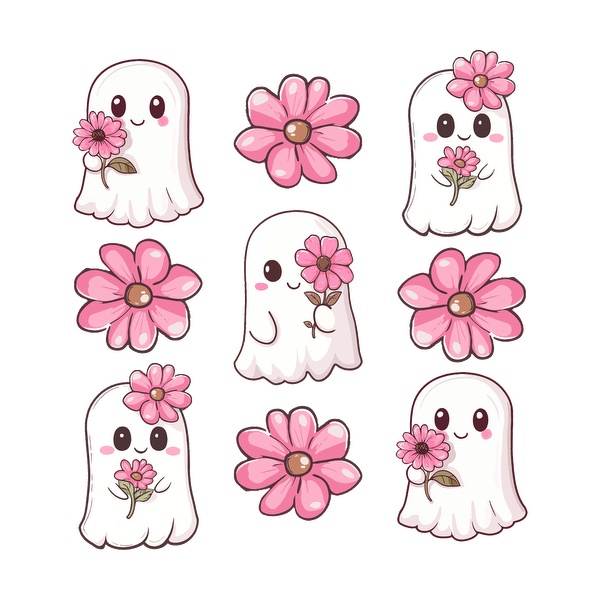 Un lindo patrón de adorables fantasmas de dibujos animados que sostienen flores rosas, perfecto para un diseño caprichoso y divertido.