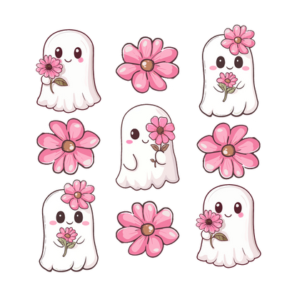 Un lindo patrón de adorables fantasmas de dibujos animados que sostienen flores rosas, perfecto para un diseño caprichoso y divertido.