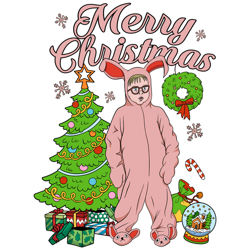 Cozy up in this playful pink bunny onesie amidst a festive Christmas scene, complete with a decorated tree and gifts.DTF Transfersdtf regular iron dtf prints