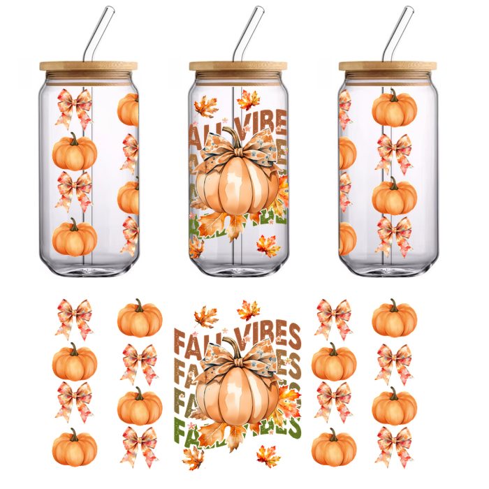 A festive autumn-themed design featuring pumpkins, colorful leaves, and playful bows, perfect for celebrating the fall season.UV Transfersdtf regular iron