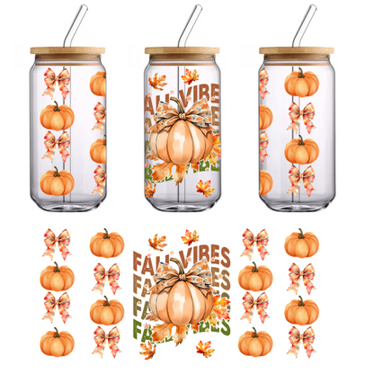 A festive autumn-themed design featuring pumpkins, colorful leaves, and playful bows, perfect for celebrating the fall season.UV Transfersdtf regular iron