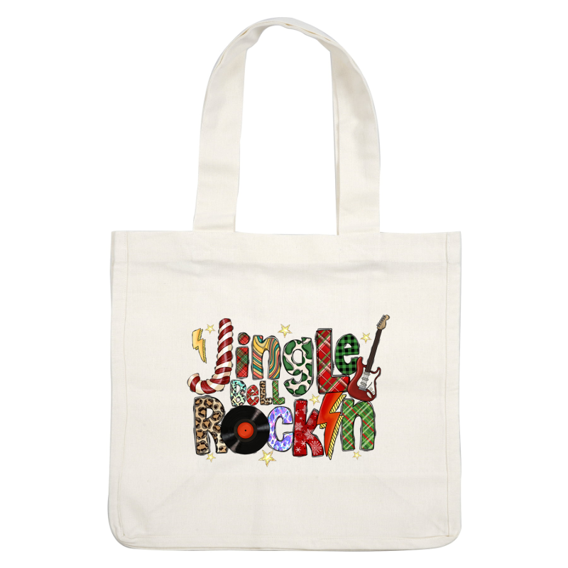 A vibrant and festive graphic featuring the playful phrase "Jingle Bell Rock-n," decorated with colorful patterns and music elements.DTF Transfersdtf regular irondtf regular iron