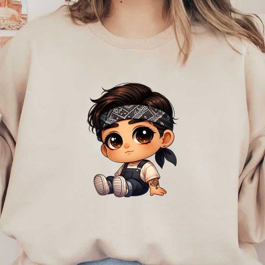 Un lindo personaje chibi con un pañuelo, un mono y un tatuaje, que irradia una vibra divertida y elegante.