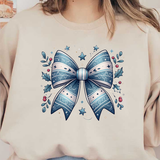 A beautifully designed blue and silver decorative bow surrounded by holly leaves and stars, perfect for festive occasions. heat press transfers