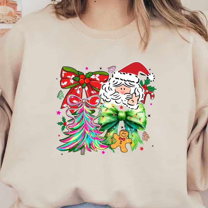 A cheerful Christmas collage featuring Santa, colorful bows, a decorated tree, and gingerbread.DTF Transfers