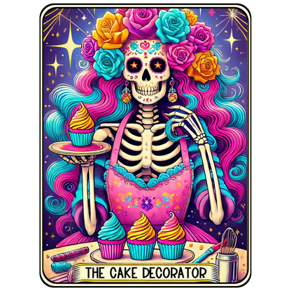 Un colorido panadero esqueleto adornado con flores exhibe deliciosos cupcakes, encarnando un tema caprichoso del Día de los Muertos.