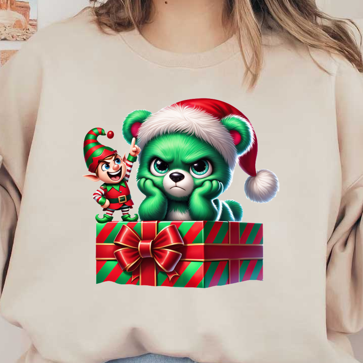 A cheerful holiday scene featuring a mischievous elf and a grumpy green bear in a Santa hat on a festive gift.DTF Transfers heat press transfers