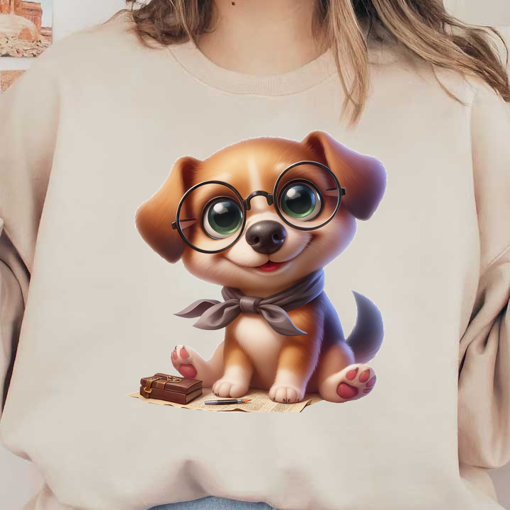 Un adorable cachorro de estilo de dibujos animados que usa anteojos enormes y una bufanda, sentado juguetonamente con un cuaderno y un lápiz.