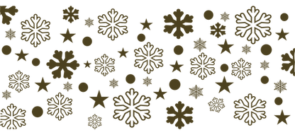 A whimsical pattern featuring a mix of snowflakes, stars, and circles in a festive design, perfect for winter celebrations.UV Transfers dtf prints