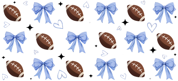 A playful pattern featuring brown footballs and light blue bows, accented with hearts and sparkles against a black background.UV Transfers dtf transfers