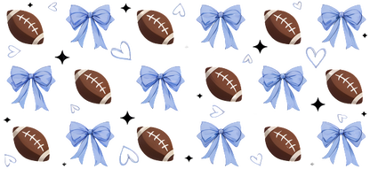 A playful pattern featuring brown footballs and light blue bows, accented with hearts and sparkles against a black background.UV Transfers dtf transfers