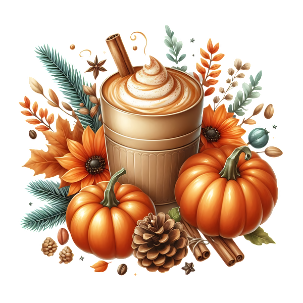 Una acogedora ilustración inspirada en el otoño que presenta una bebida con especias de calabaza, rodeada de calabazas, girasoles y un vibrante follaje otoñal.