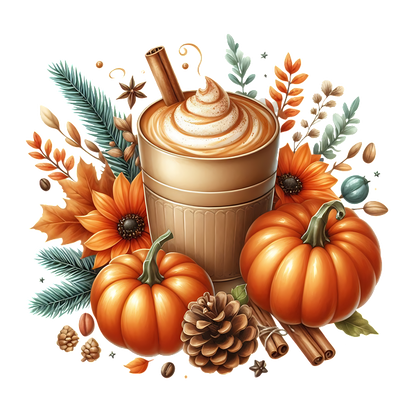 Una acogedora ilustración inspirada en el otoño que presenta una bebida con especias de calabaza, rodeada de calabazas, girasoles y un vibrante follaje otoñal.