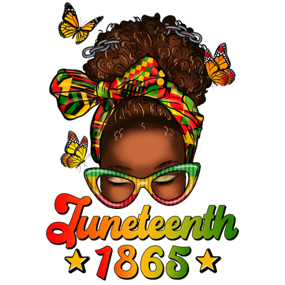 A vibrant Juneteenth design featuring a woman with curly hair, sparkly glasses, and a colorful headscarf surrounded by butterflies. heat press transfers