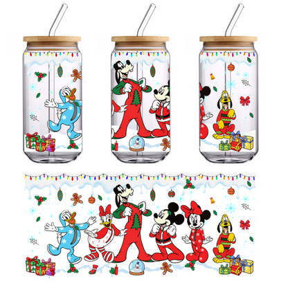 Join Mickey, Minnie, Donald, Daisy, Goofy, and Pluto in festive holiday outfits, celebrating with gifts and cheerful decorations!UV Transfers