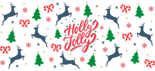 A festive pattern featuring reindeer, Christmas trees, and colorful ornaments, complemented by the cheerful text "Holly Jolly."UV Transfersdtf regular iron