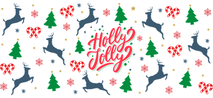 A festive pattern featuring reindeer, Christmas trees, and colorful ornaments, complemented by the cheerful text "Holly Jolly."UV Transfersdtf regular iron