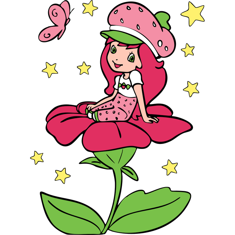 A cheerful strawberry-themed girl sits on a vibrant pink flower, surrounded by stars and a butterfly, radiating whimsical charm.DTF Transfers