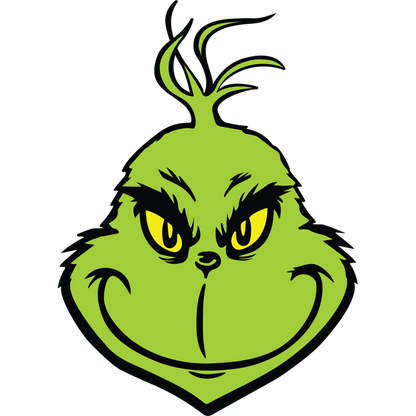 A playful illustration of the Grinch, featuring his signature mischievous smile, green fur, and striking yellow eyes.DTF Transfers dtf transfers dtf prints